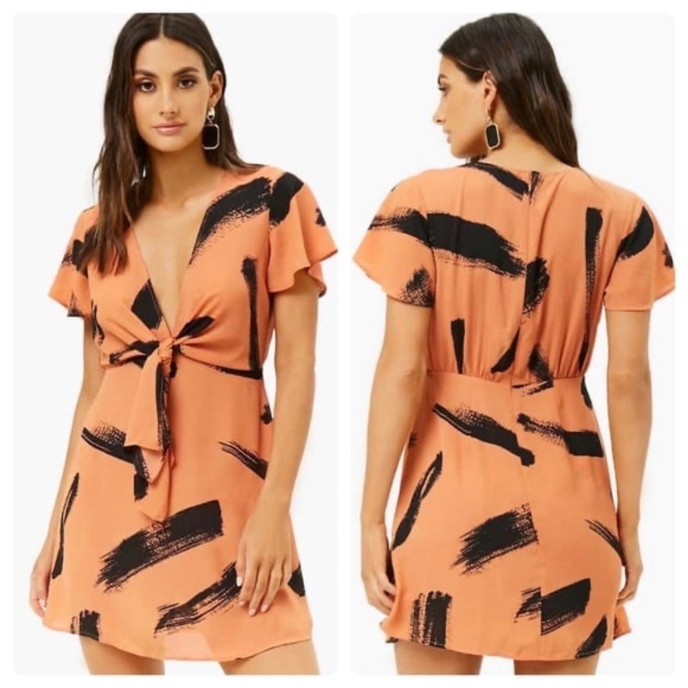 Forever 21 Contemporary Orange Black Brushstroke Tie Front Mini Dress XL Womens